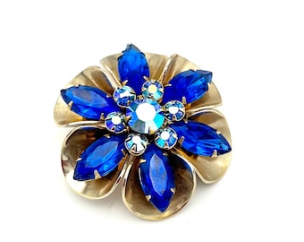 Rhinestone  Brooch Blue  Crystal gold plated Floral  mid century pin