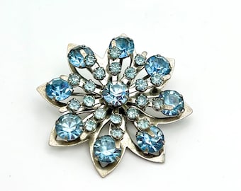 Blue Rhinestone Flower Brooch  Mid Century silver metal light blue crystal  2  inch Atomic Pin