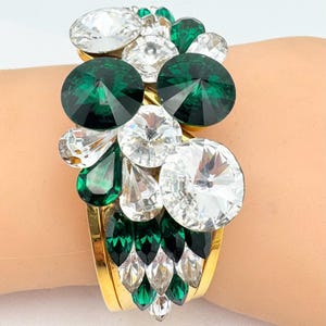 green clear Rivoli crystal  clamper   bracelet     clear green margarita rhinestones  Hinged  Bangle Mid Century