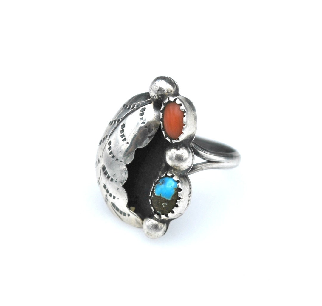 Native American Turquoise Coral Sterling Silver Ring, Size 6 - Etsy