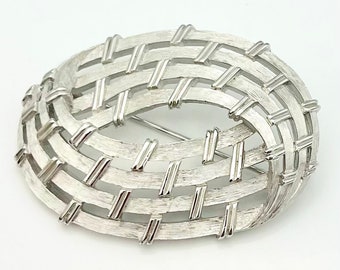 Crown Trifari woven oval Brooch brushed  Silver tone   Mid century Modern pin