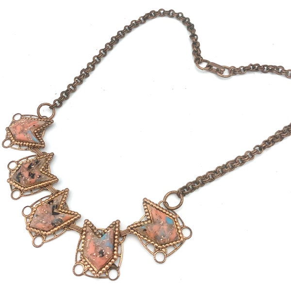 Copper Red confetti Lucite Necklace Mid Century  Link Necklace