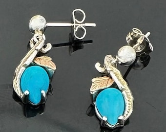 Turquoise dangle earrings  Sterling silverback hills gold  blue sleeping beauty gemstone 12 kt gold pierced earrings