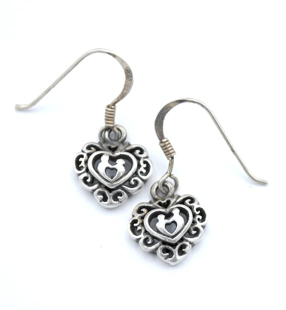 Sterling Heart Earrings Mother child figure  Dangl