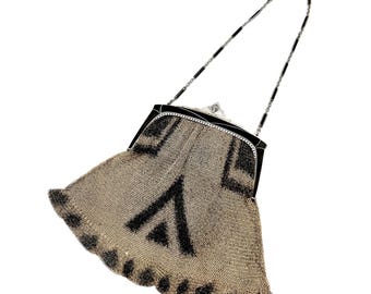 Antique Art Deco Steel Cut Small Bag Black Enamel Frame & Chain Deco Geometric Hinged Frame Silver Tone Metal  purse hand bag