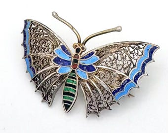 ファンシーブルーエナメル925シルバーフィリグリーバタフライブローチ