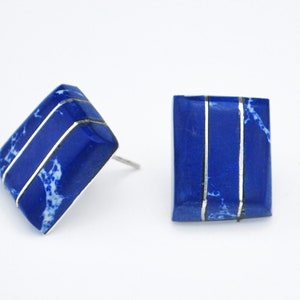 sterling Silver Sodalite Earrings  Blue gemstone  inlay rectangle stud  pierced Earring