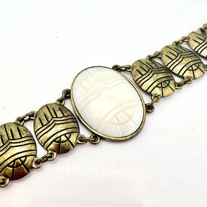 Scarab Beetle  bracelet carved white mother of pearl  brass  boho  Egyptian Revival Jewelmint