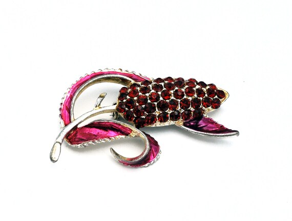 1940s  floral  Red rhinestone pink  Enamel Flower… - image 1