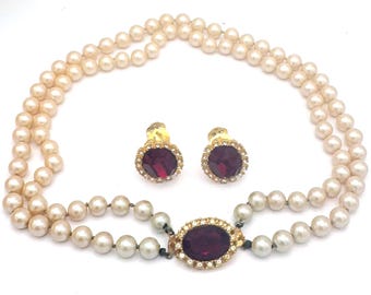 Celebrity necklace Earring Set   red crystal simulated pearls  clip on earrings