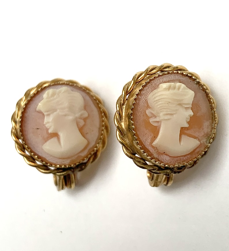 Cameo Earrings carved shell gold plated signed Lewis Segal Pierced earrings with clips
