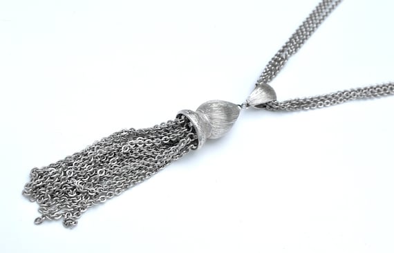 Monet Silver Tassel Necklace multi chain statemen… - image 1