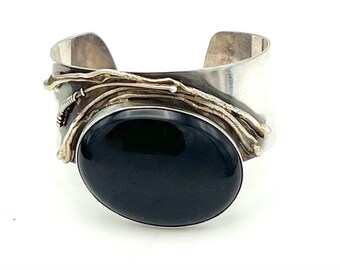 Avi Soffer Sterling  Onyx  Cuff bracelet  Israel artist    Silver  Black gemstone Bangle