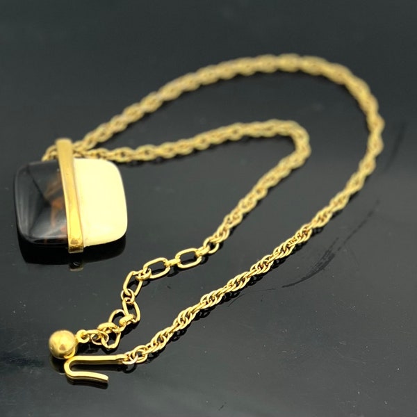 Crown Trifari Necklace  Cream  Off white and brown faux tortoise Lucite  gold square pendant necklace