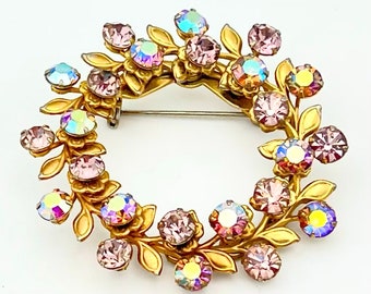 Rhinestone wreath Brooch  purple  Aurora Borealis Crystal  gold leaf Floral flower round pin  Wedding bride