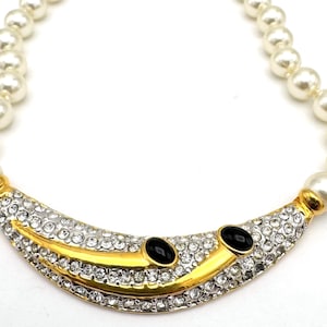 Vintage Butler 5th Avenue   Necklace   clear rhinestone gold plated  pearl bead statement collar necklace
