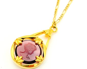 Avon intaglio cameo necklace reversed Carved  Women Profile  Amethyst  purple glass  Gold plated