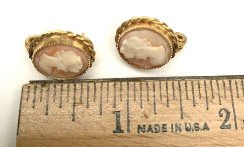 Cameo Earrings carved shell gold plated signed Lewis Segal Pierced earrings with clips