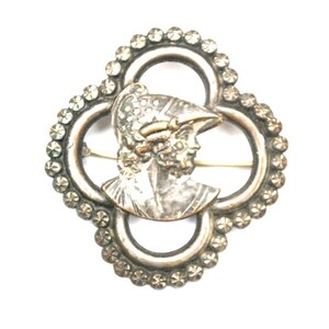 Victorian Sash Pin  C claps  Stamped silver steel metal   Cameo dark silver tone brass metal vintage brooch