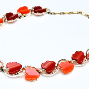 Thermoset  leaf Link necklace Orange  and Red plastic leaves   light gold  tone  Mid Century
