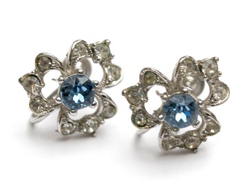 Bogoff Rhinestone earrings  Blue  clear Crystal  Wedding bride Screw back earrings