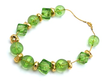 Bright green  Lucite gold Bead Necklace  chunky funky plastic   beads necklace