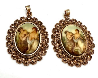 lot of two West Germany  Porcelain Cameo  pendants  Women  Gold  Victorian Revival  pendant