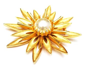 Cathe Flower Brooch  Gold and Pearl  Large Floral signed  pin
