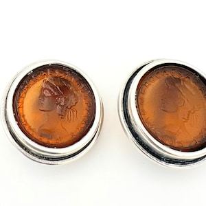 orange glass Caesar earrings sterling silver clip on intaglio glass earring