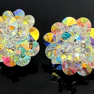 Vendome crystal  earrings  AB aurora borealis Rivoli crystal cluster beads   clip on Earring  Wedding Bride
