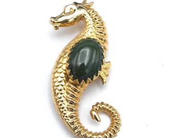Sea Horse Brooch 14k G.F. gold filled green gemstone  ocean figurine pin