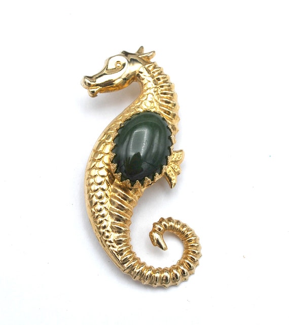 Sea Horse Brooch 14k G.F. gold filled green gemsto