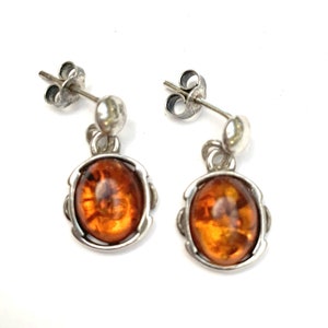 Amber Sterling Silver Drop Earrings Yellow orange  gemstone