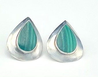 Green Malachite Earrings in a sterling silver tear drop pierced stud earrings