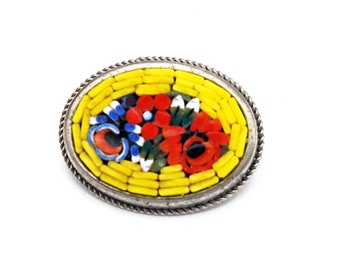 Micro Mosaic Flower Brooch  Oval yellow red blue   green small glass mosaic brass  floral vintage pin