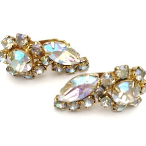 Rhinestone Climbing earrings gold plated metal Mid century Flower clear Aurora borealis crystal clip on earrings image 6