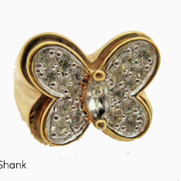Butterfly Ring - Signed Shank - size 7 - Clear Rhinestone - gold plated sterling silver