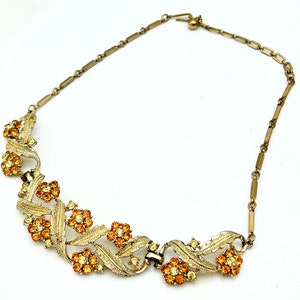 Orange Rhinestone link necklace signed Coro   Mid century collar choker bib necklace