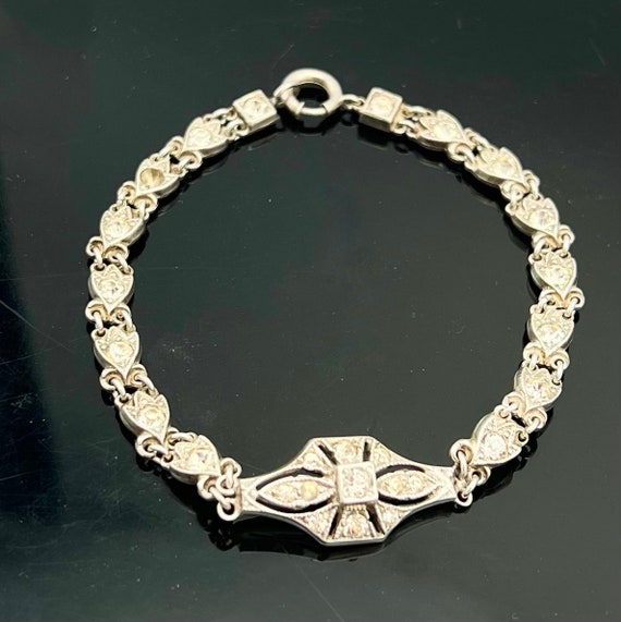 Art Deco Sterling  Rhinestone Bracelet  Clear cry… - image 2