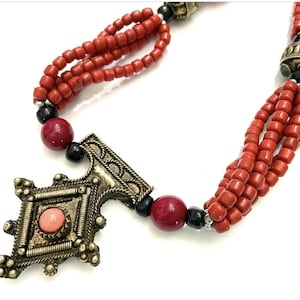 Ethnic Boho Tribal Beaded Necklace Tibetan (?) Brass Metal Medallion & Beads Glass Beads Gold Tone Wire Chain Boho Chic Gift for Her