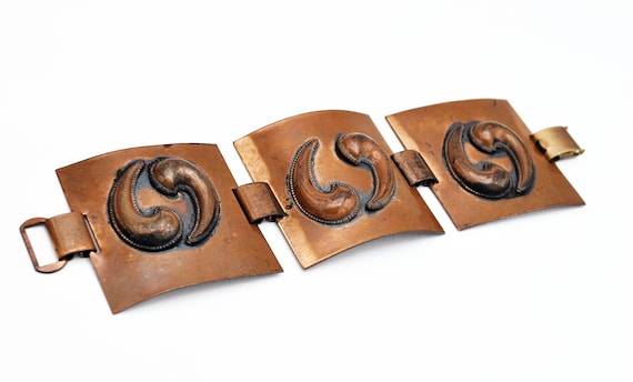 Mid Century Modern Copper Panel Bracelet, Swirl D… - image 1