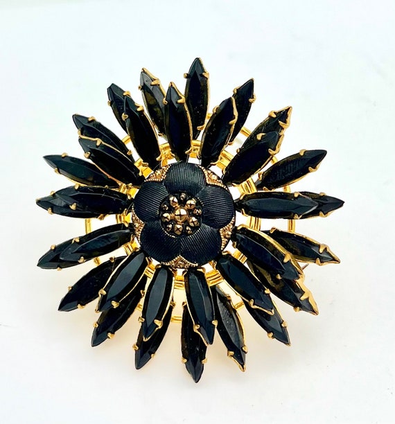 Black Rhinestone Large  Brooch  domed  floral gol… - image 1