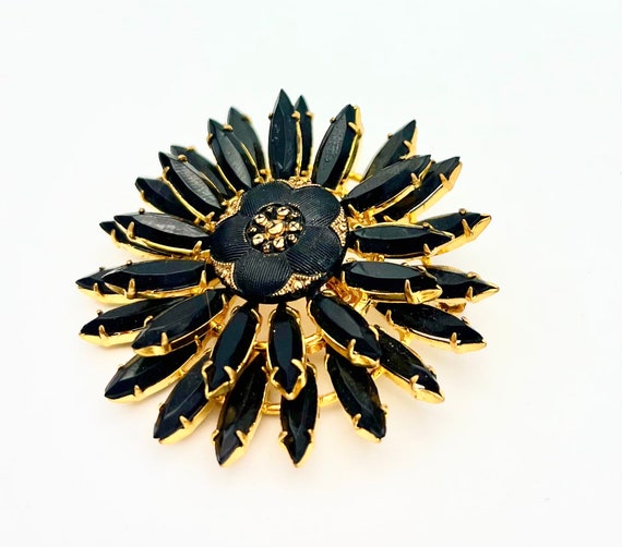 Black Rhinestone Large  Brooch  domed  floral gol… - image 4