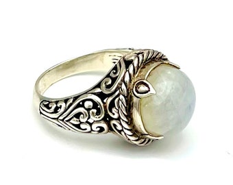 Moonstone Ring Sterling Silver filigree  Bali  style  size 11 ring