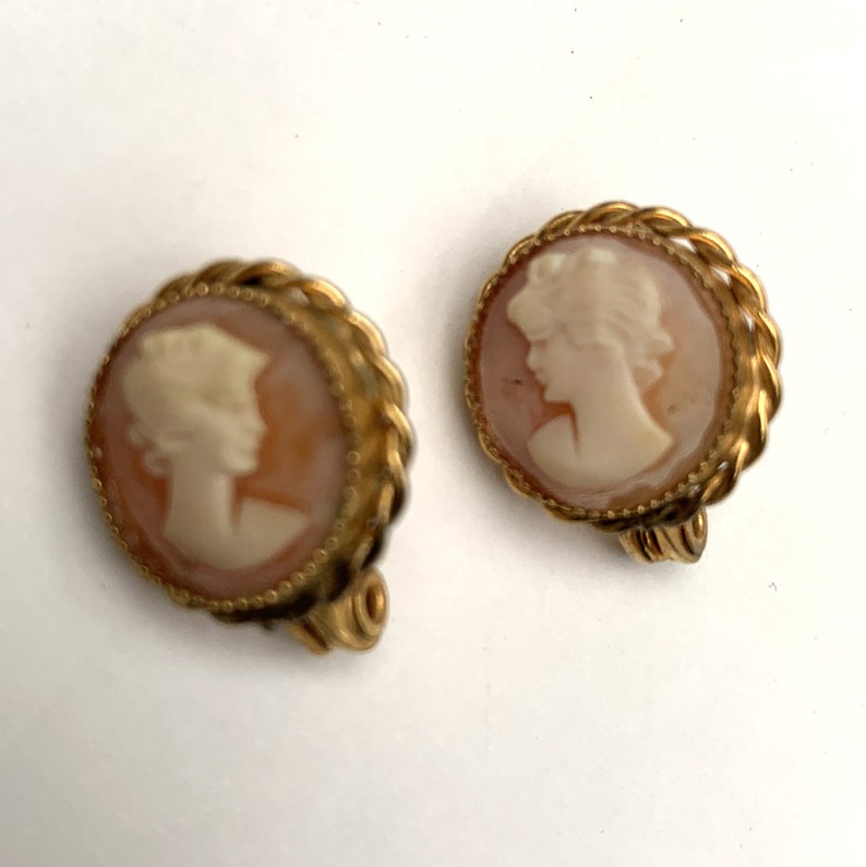 Cameo Earrings carved shell gold plated signed Lewis Segal Pierced earrings with clips