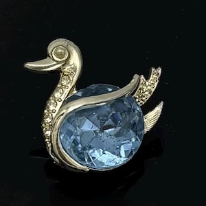 Rhinestone  Swan Brooch Blue  gold mid century figurine bird pin