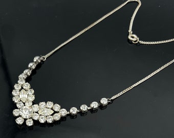 Rhinestone Bib Necklace  clear rhinestone crystals  Silver tone metal Statement necklace  Mid Century  Wedding  Prom