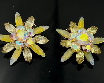 Yellow flower Rhinestone earrings  Give  yellow blue aurora borealis crystal  Mid century large clip on earrings