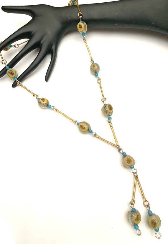 Art  Glass  Bead Necklace  Tassel gold blue mustar