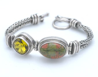 Bali Byzantine Sterling silver gemstone  Bracelet   Unakite Jasper gemstone yellow CZ crystal  41.1 grams